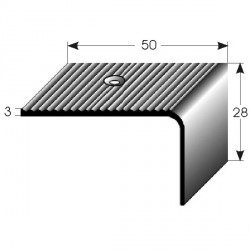 Nerezová schodová hrana 50x28x3 mm, s protiskluzovými drážkami, hraněná,vrtaná