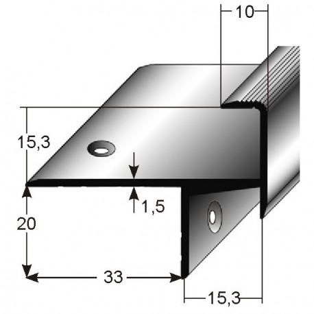 Schodová hrana pro laminát, 20x33x15 mm,Aluminium, 2x vrtaná