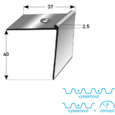 Schodová hrana 40 x 37 x 2,5 mm, Al elox., vrtaná s SB balením