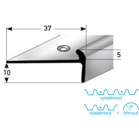 Schodová hrana 10 x 37 x 5 mm, Al elox., vrtaná