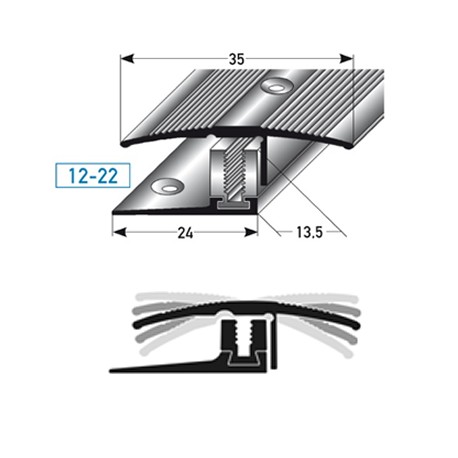 SLP- přechodový profil 35 mm, pro parkety 12 - 22 mm, flexibilní, 3-dílný, hliník, vrtaný