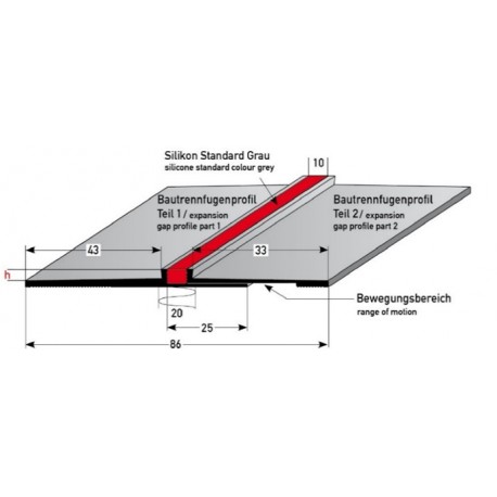 Speciální dilatační profil, šířka spáry 20 mm, vrtaný, hliník čistý, lisovaný